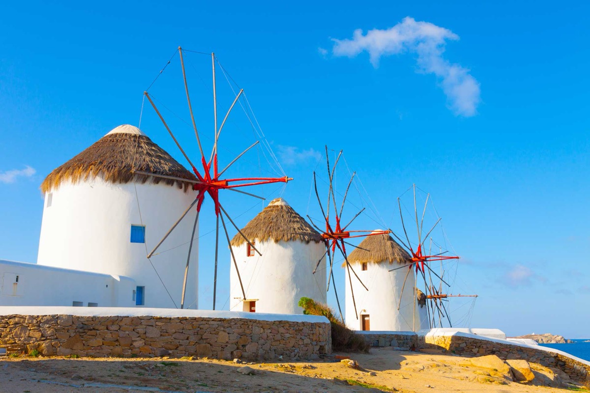 Mykonos windmills and waterfront, Greece