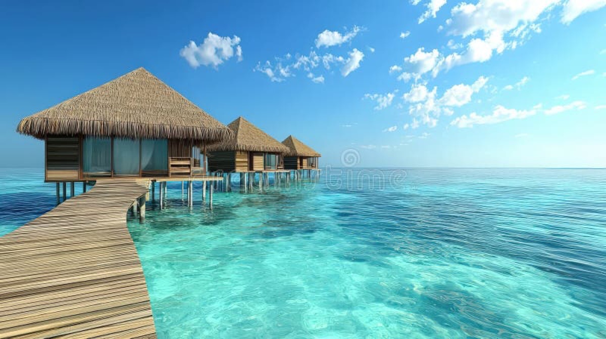 Maldives overwater bungalows over turquoise lagoon