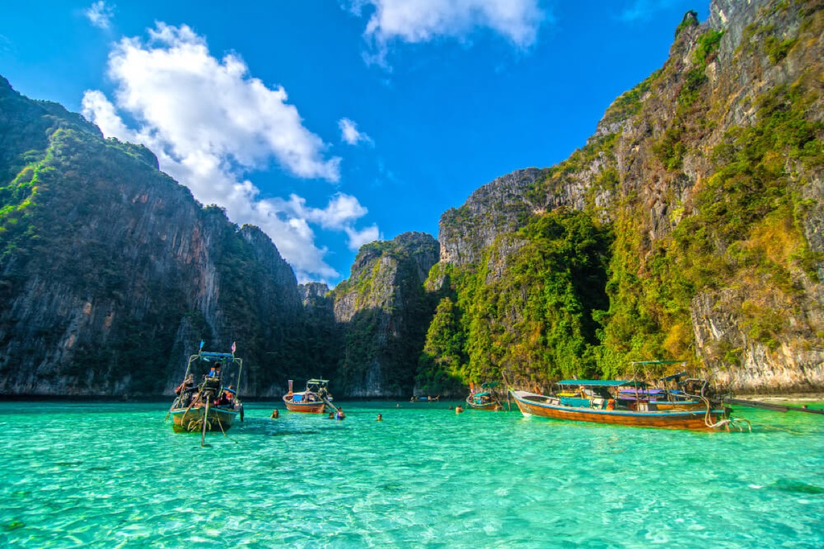 Phuket beach with limestone cliffs, Thailand