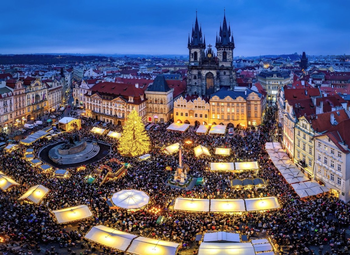 Prague Old Town Square Christmas market in winter