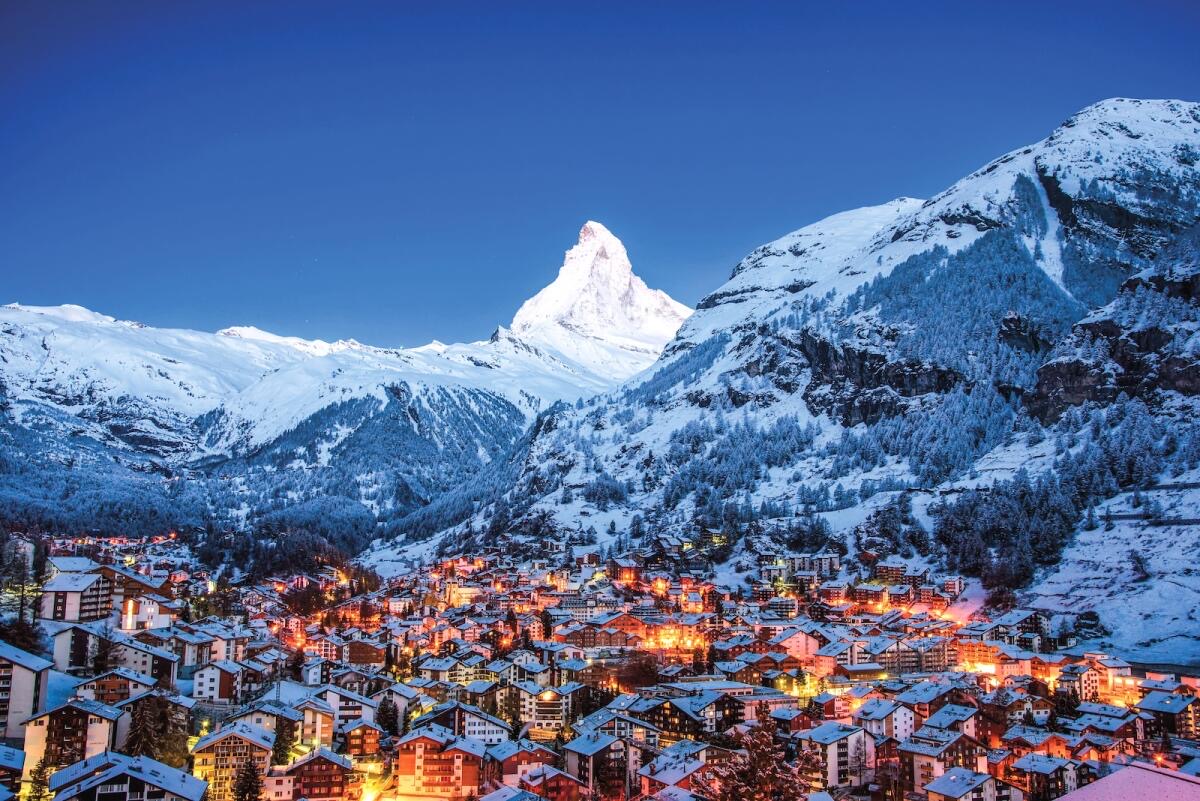 Zermatt village with Matterhorn in snow, Swiss Alps