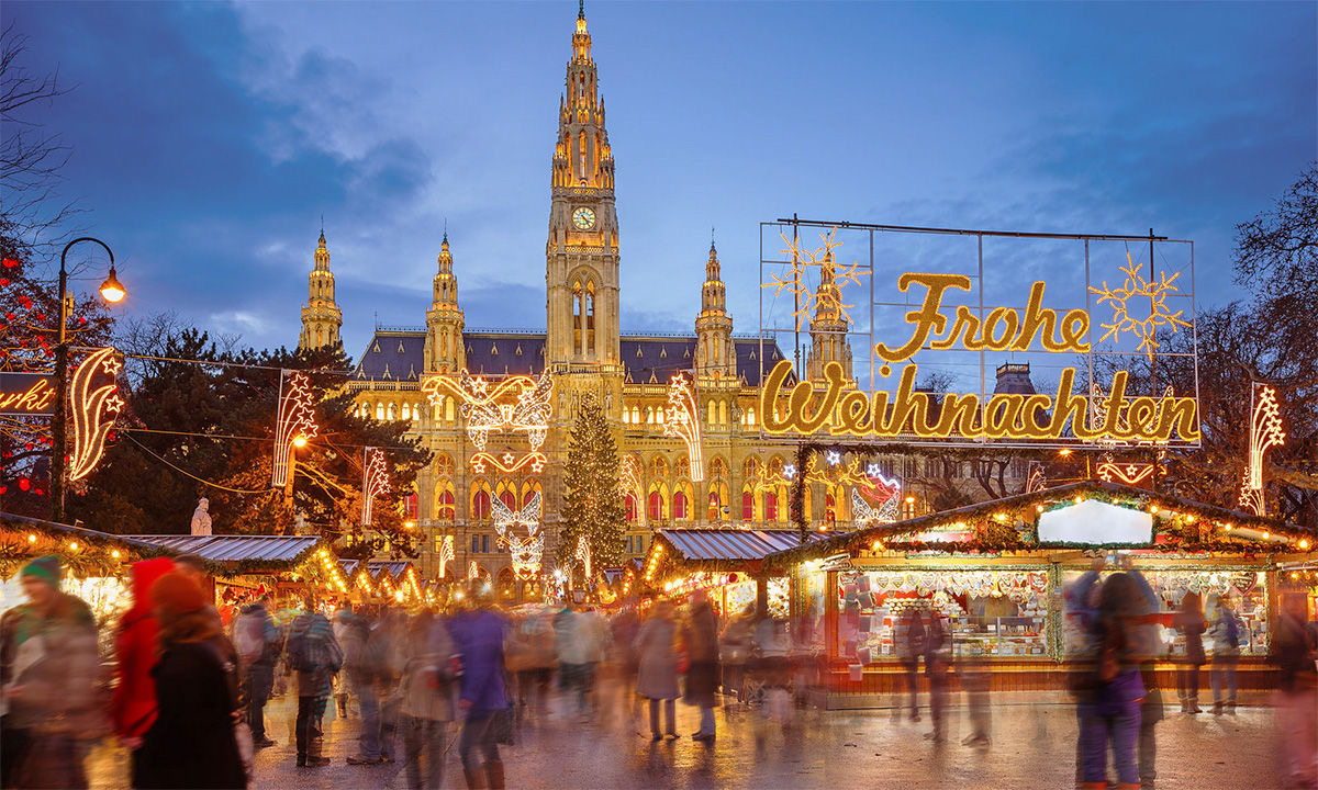 Vienna Rathaus Christmas market at night, Austria