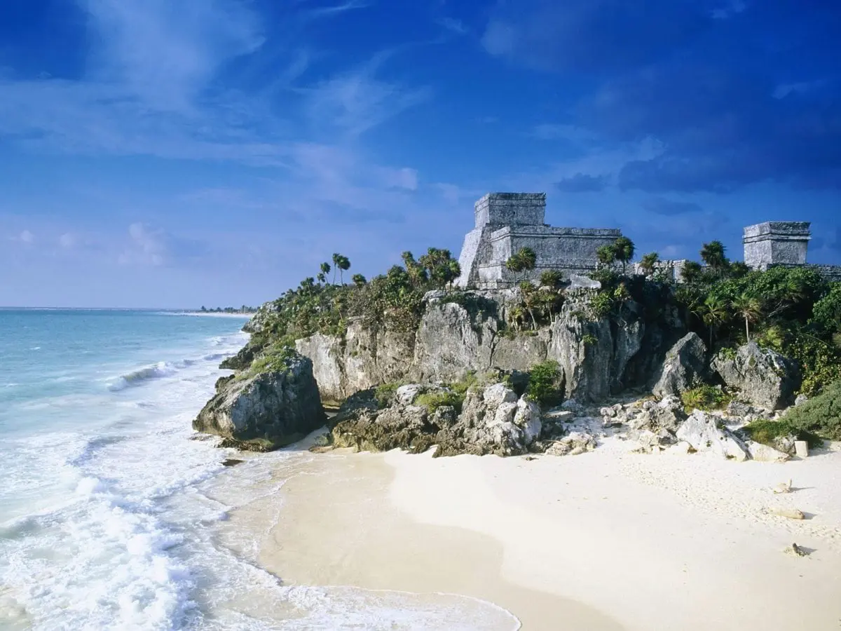 Ancient Mayan ruins overlooking the beach in Tulum, Mexico