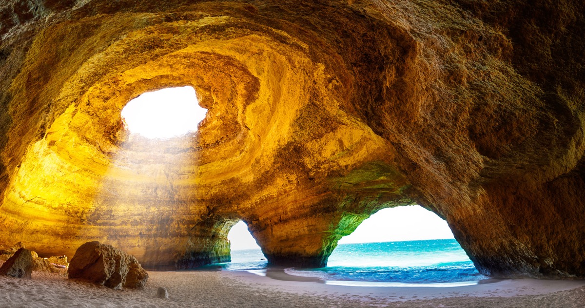 Benagil Cave and beach cliffs in the Algarve, Portugal