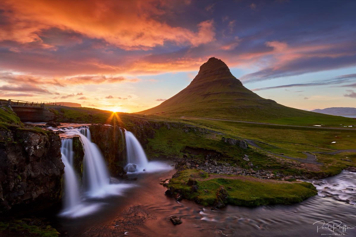 Kirkjufell mountain under midnight sun, Iceland