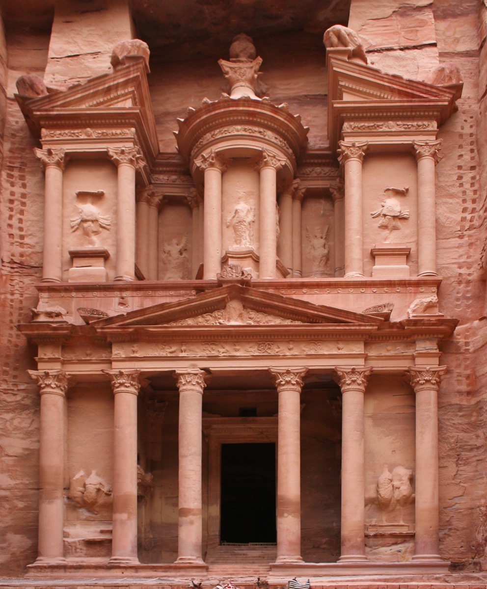 The Treasury at Petra carved into rose-colored rock, Jordan