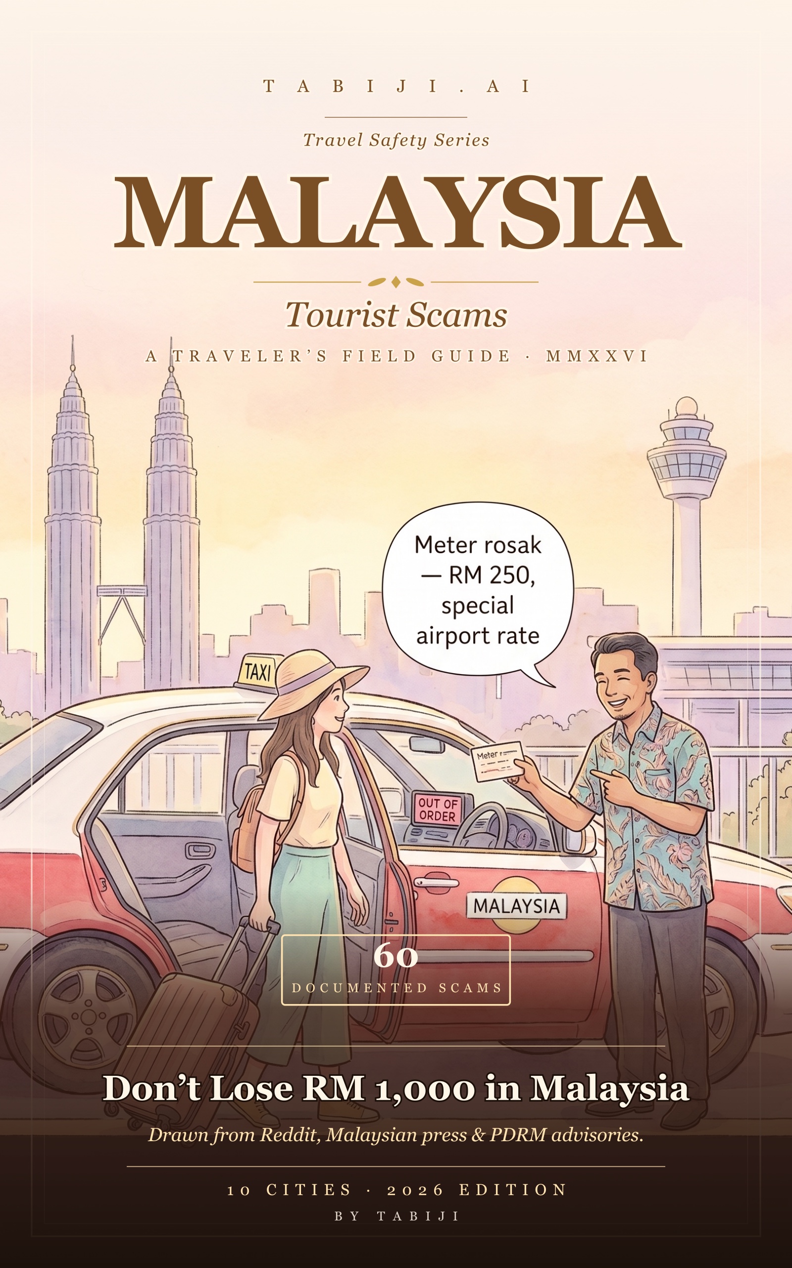 Malaysia: Tourist Scams book cover — Peranakan/Nyonya pastel watercolor of a KLIA2 teksi-sapu airport-tout shakedown with Petronas Towers and KLIA control tower