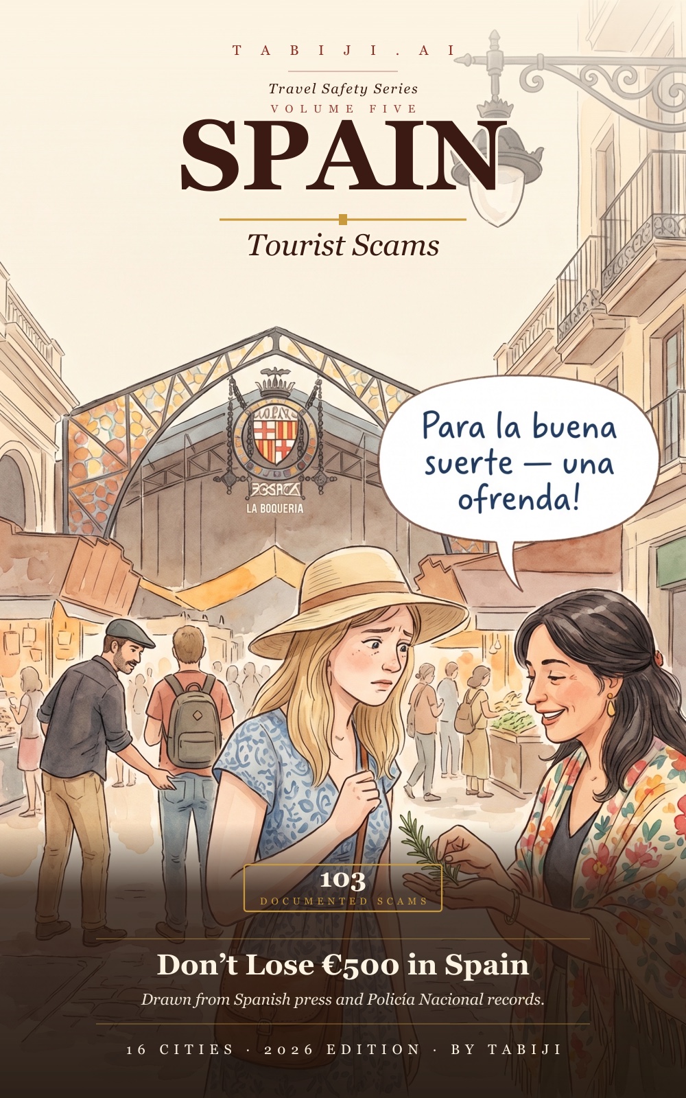 Spain: Tourist Scams book cover — Spain — La Boqueria market, rosemary-sprig scam scene