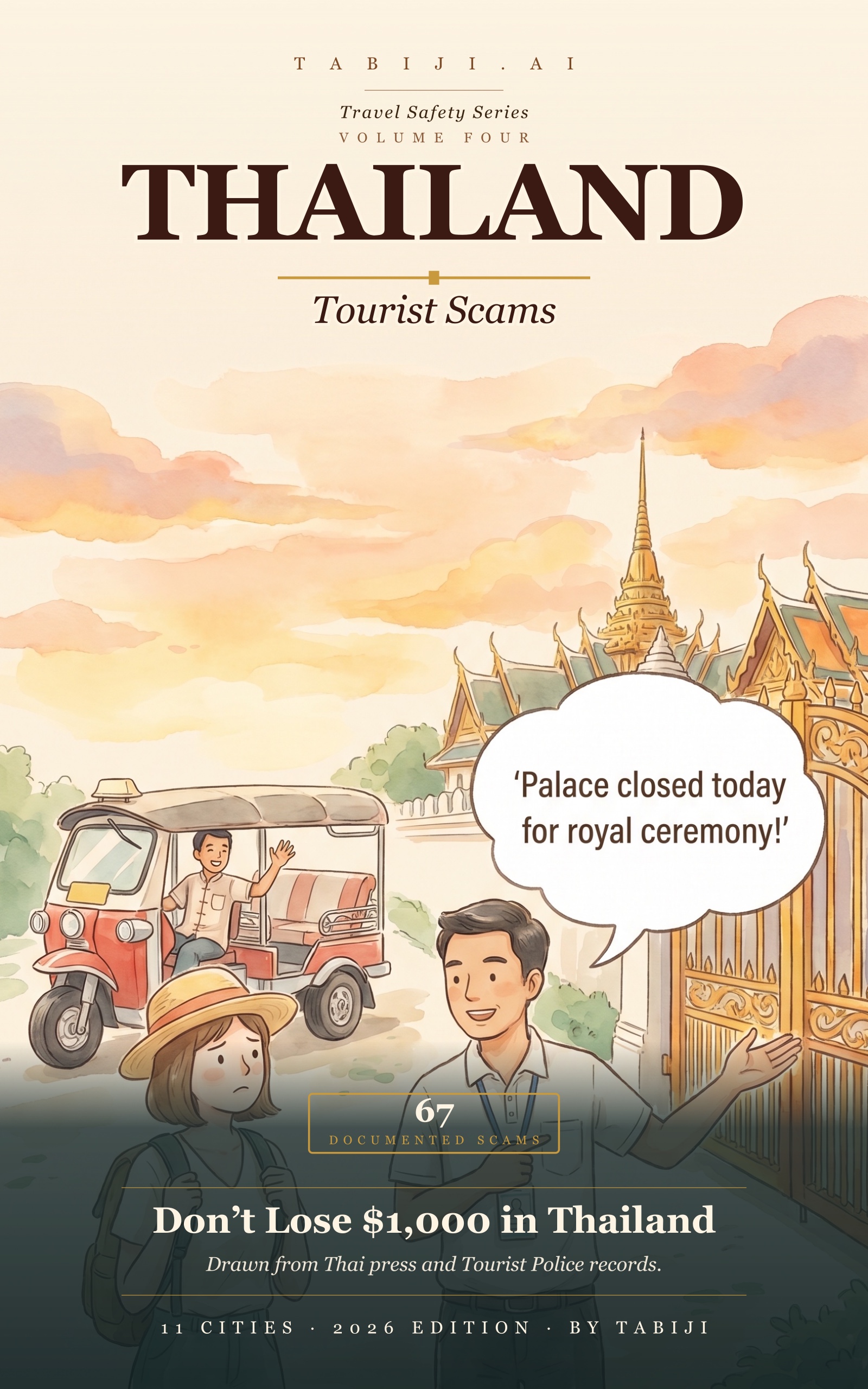 Thailand: Tourist Scams book cover — watercolor illustration of the Grand Palace closed scam with tuk-tuk driver