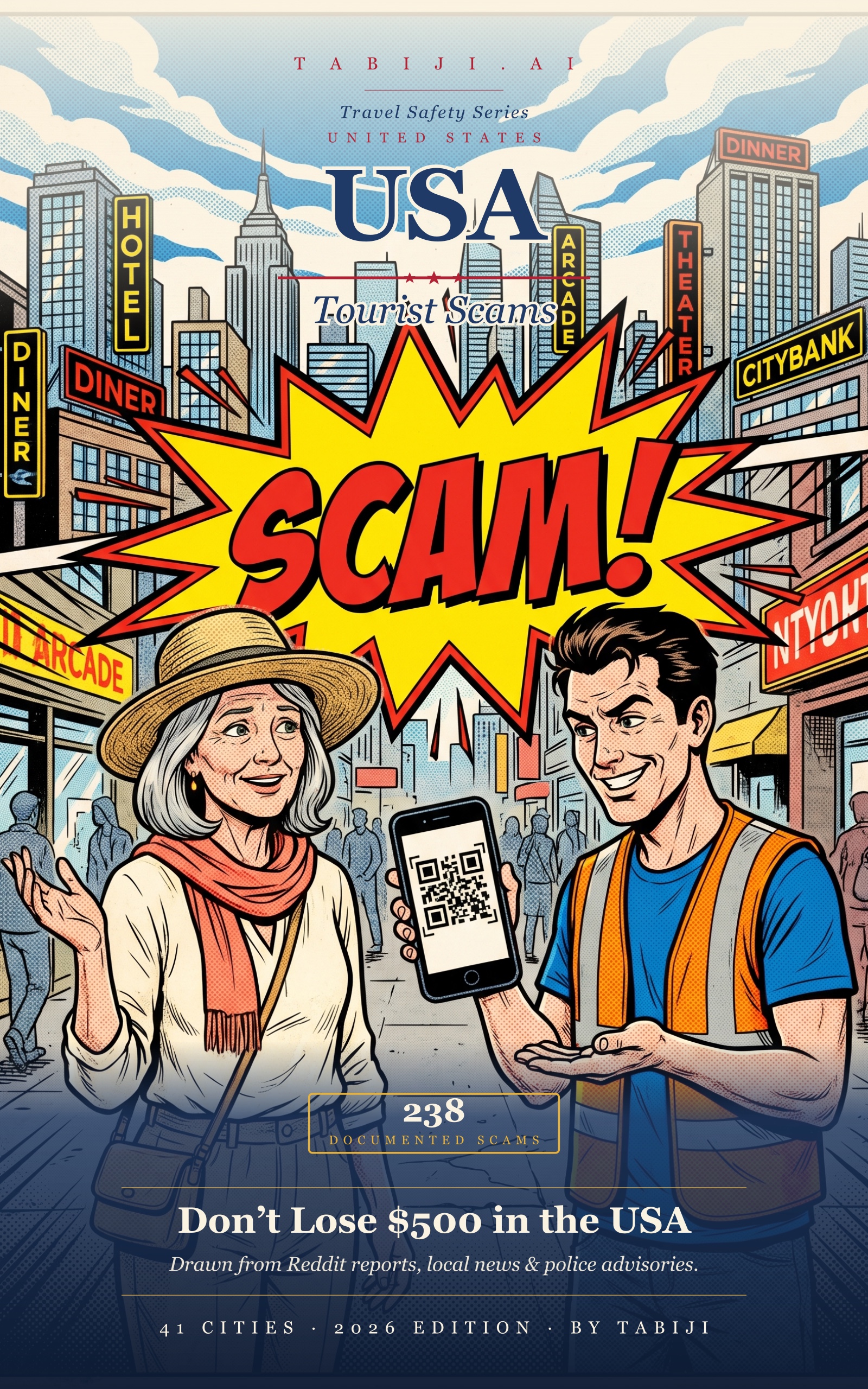 United States: Tourist Scams book cover — the tabiji.ai Travel Safety Series, 2026 edition