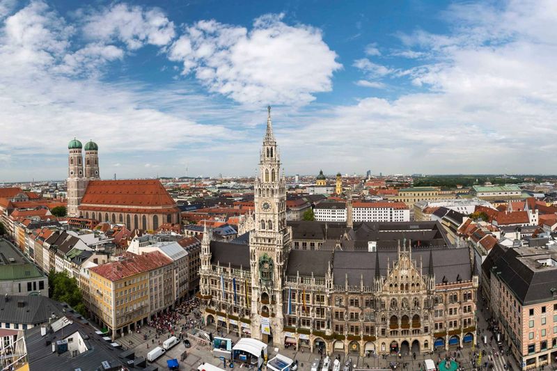 Marienplatz in Munich — the historic central square with the iconic Neues Rathaus Glockenspiel