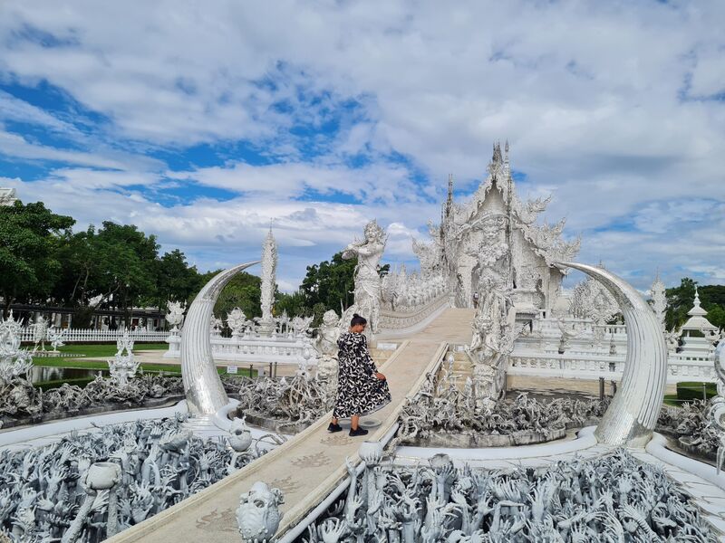 Wat Rong Khun White Temple Chiang Rai, all-white Buddhist temple with mirror glass details