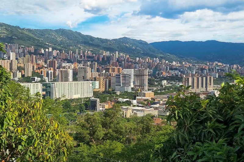 Medellín Colombia's colorful cable car system over hillside comunas