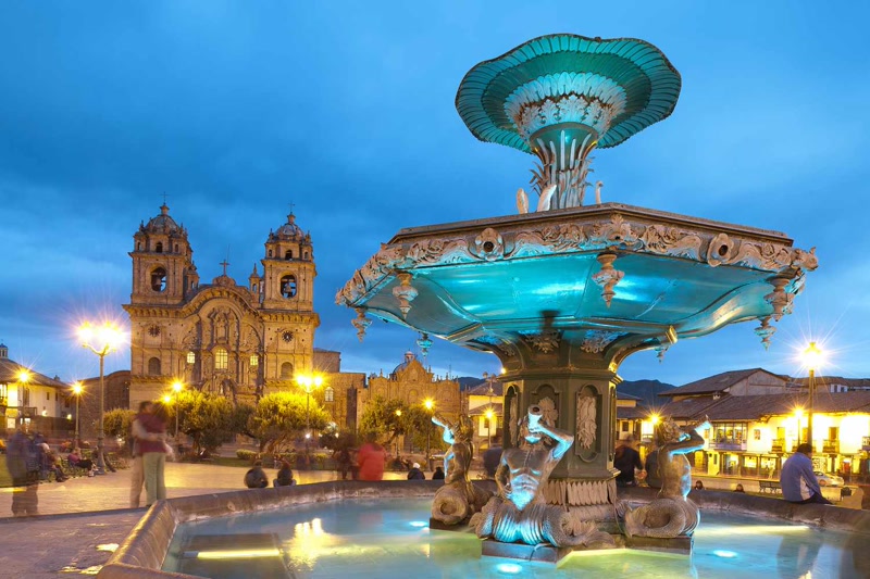 Cusco Peru Plaza de Armas with Andean mountains and colonial architecture