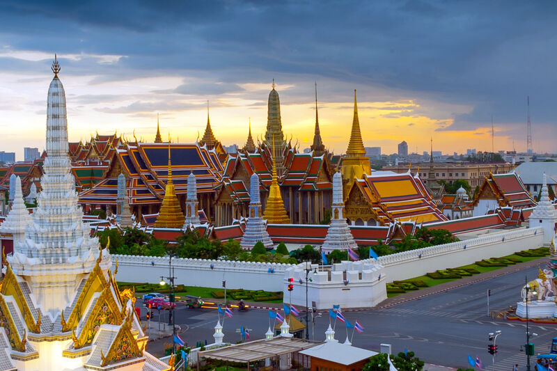 Bangkok Wat Phra Kaew Temple of the Emerald Buddha — golden spires and ornate Thai architecture in the Grand Palace compound