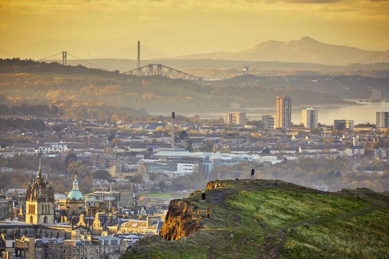 View from Arthur's Seat over Edinburgh city — the volcanic hill that dominates the city's geography