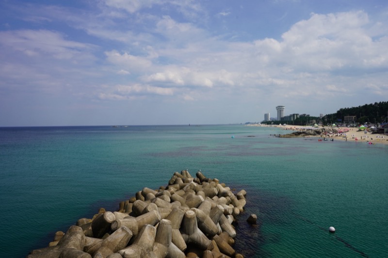 Gyeongpo Beach in Gangneung, backed by pine forests and the famous lagoon