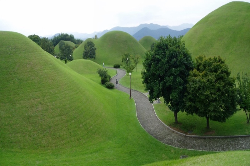 Tumuli Park in Gyeongju — enormous royal burial mounds of the ancient Silla Dynasty rising from manicured parkland