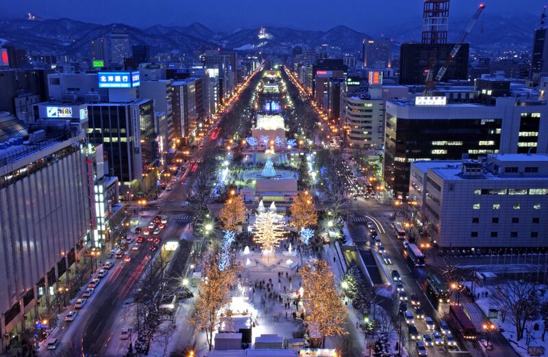 Sapporo's Odori Park illuminated during the famous Snow Festival, with massive ice sculptures lit up at night