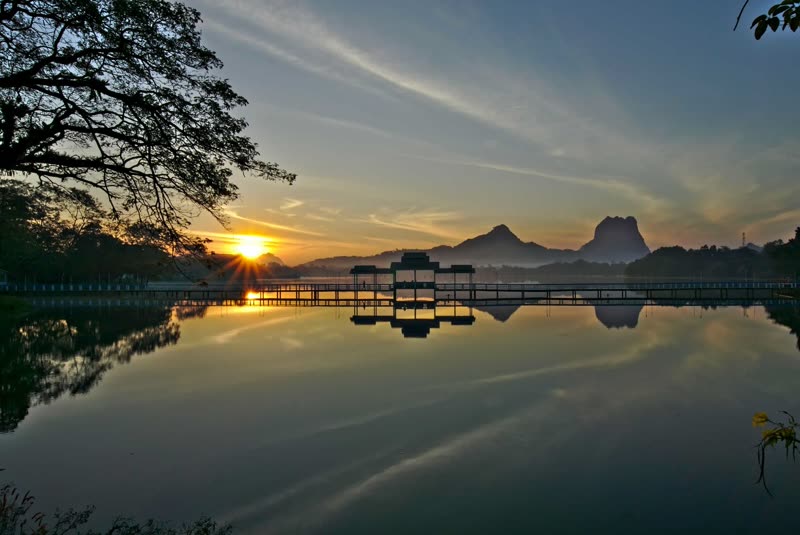 Hpa-An Myanmar karst landscape with limestone pillars and rice paddies