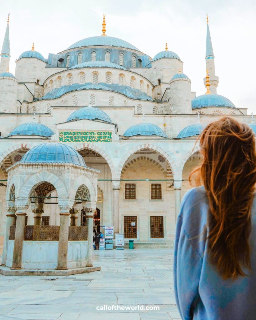 The Blue Mosque (Sultan Ahmed Mosque) in Istanbul's Sultanahmet district — six minarets and iconic domes overlooking the Bosphorus