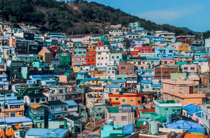 Gamcheon Culture Village in Busan — colorful stacked houses cascading down the hillside above the port