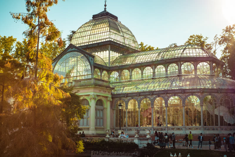 Retiro Park in Madrid, the Crystal Palace reflected in the lake — one of Europe's great city parks
