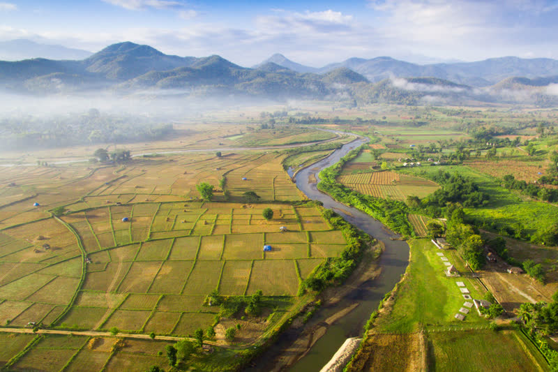 Pai valley aerial view — lush green mountains of Mae Hong Son province, Thailand