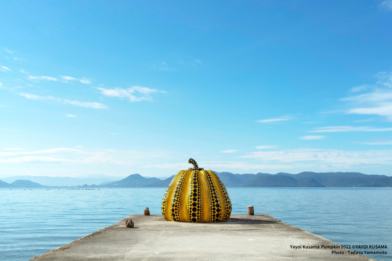 Yayoi Kusama's yellow pumpkin sculpture on Naoshima pier