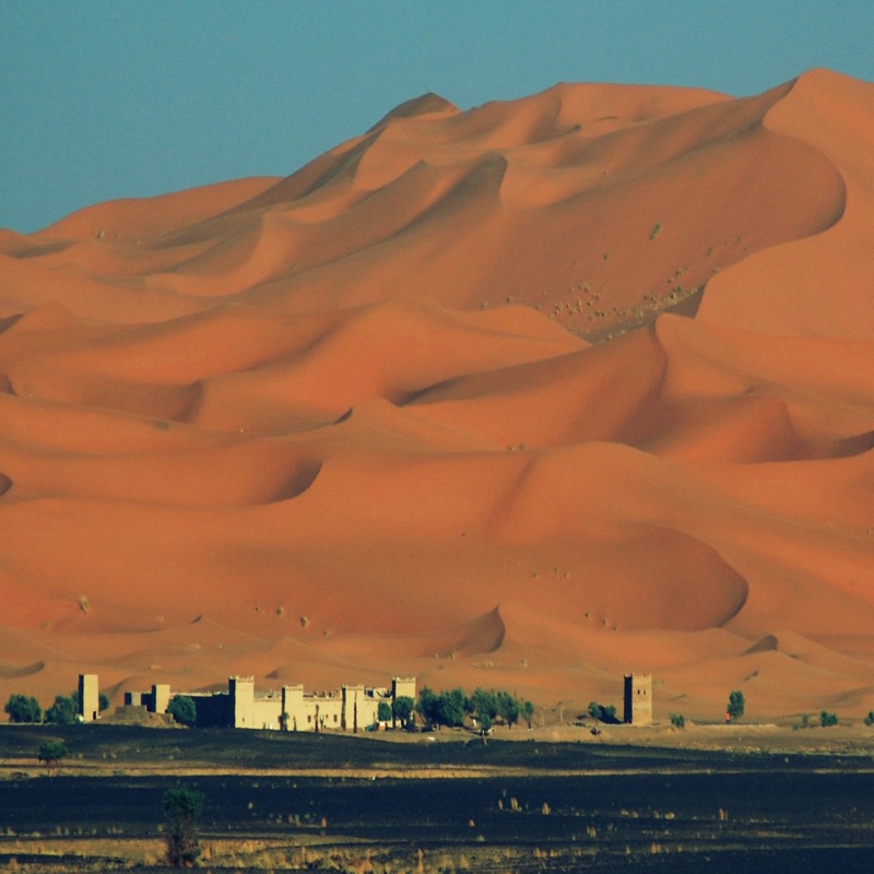 Sahara Desert sand dunes at Merzouga, Morocco — golden Erg Chebbi dunes at sunset with a clear sky above