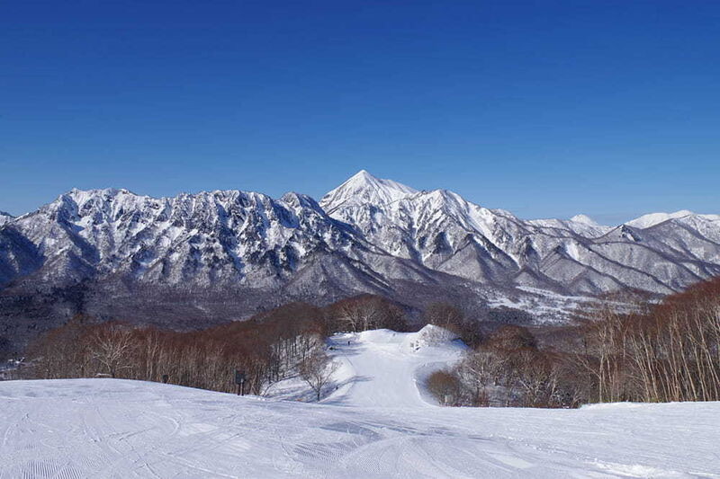 Nagano winter landscape with snow-covered Japanese Alps — the region that hosted the 1998 Winter Olympics