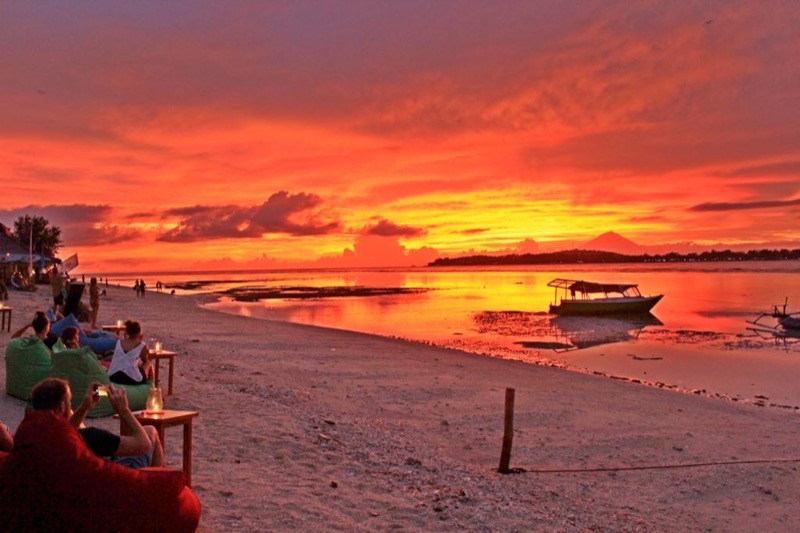 Gili Trawangan beach at sunset — the hub of Gili Islands nightlife