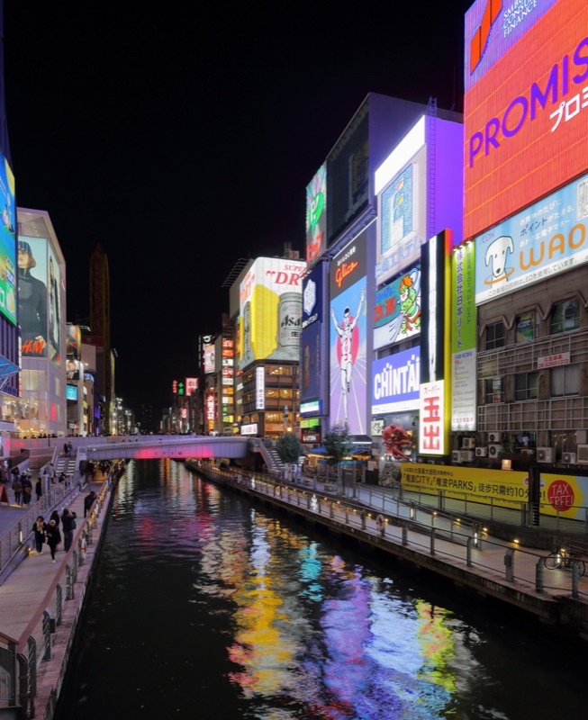 Dotonbori district in Osaka at night, with its famous neon signs