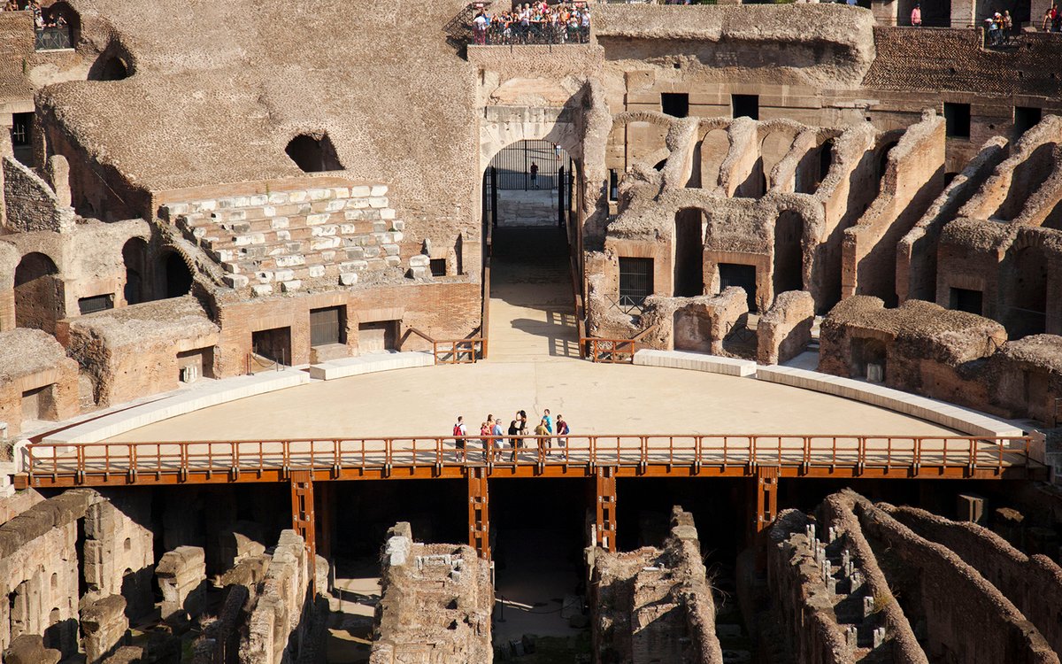 Colosseum arena floor view — looking down into the newly restored wooden arena of the Flavian Amphitheatre in Rome