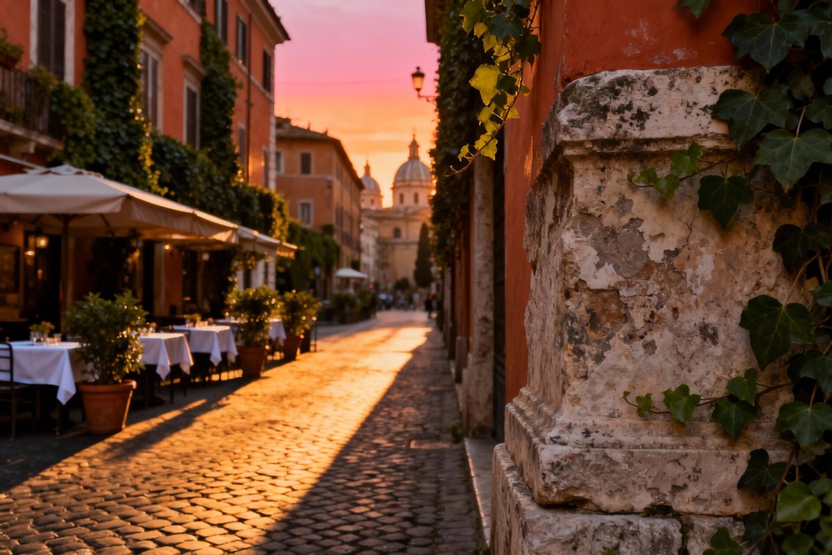 Trastevere neighborhood Rome — golden-hour light on ancient cobblestone streets and ochre buildings in Rome's most charming quarter