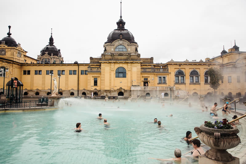 Budapest's Széchenyi Thermal Baths, yellow Neo-Baroque palace with outdoor pools