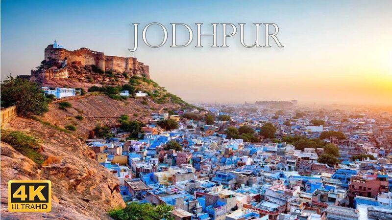 Aerial view of Jodhpur with the Blue City below Mehrangarh Fort