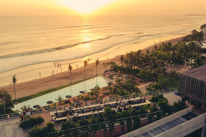 Sunset at Potato Head Beach Club in Seminyak, Bali — luxury beach club with golden hour and ocean views
