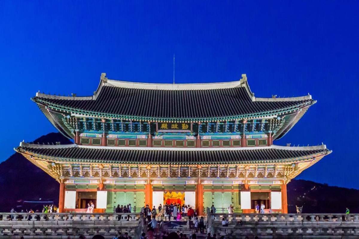 Gyeongbokgung Palace at night, Seoul — illuminated historic Joseon dynasty palace