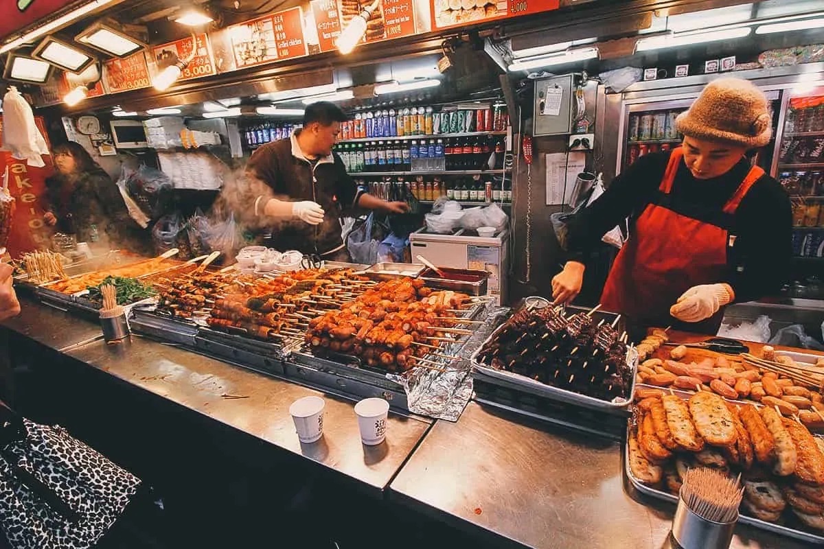 Korean street food market in Myeongdong, Seoul
