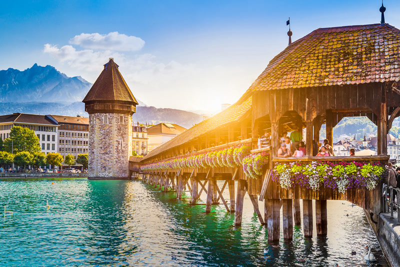 Chapel Bridge in Lucerne, Switzerland — medieval covered bridge over the Reuss River