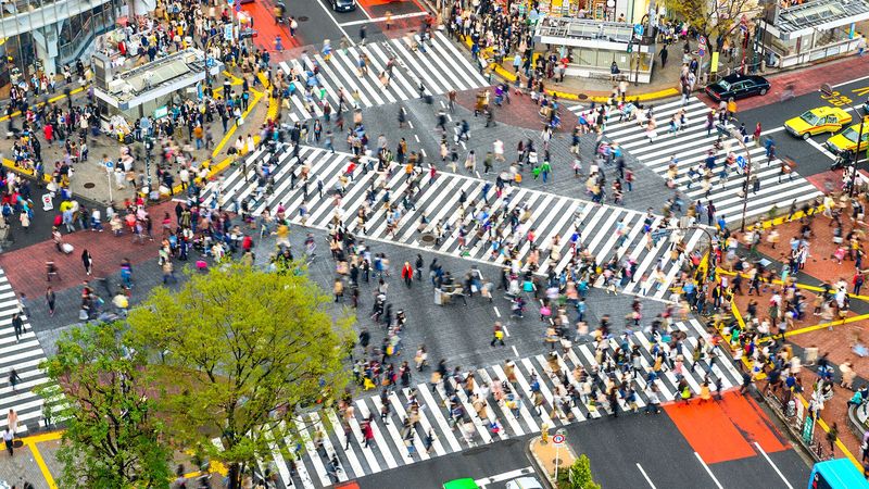 Shibuya Crossing at rush hour — the world's busiest pedestrian intersection, Tokyo