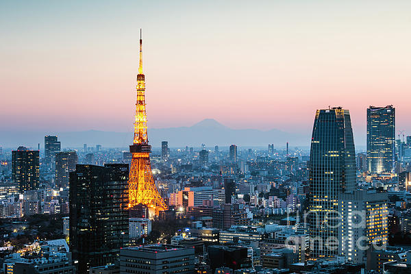 Tokyo Tower and city skyline at sunset