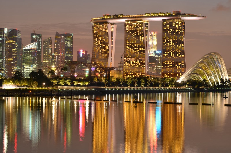 Marina Bay Sands and Singapore city skyline at dusk