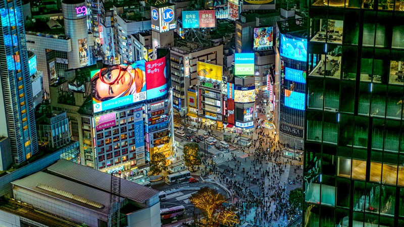 Shibuya Crossing aerial view, Tokyo — the world's most famous pedestrian intersection