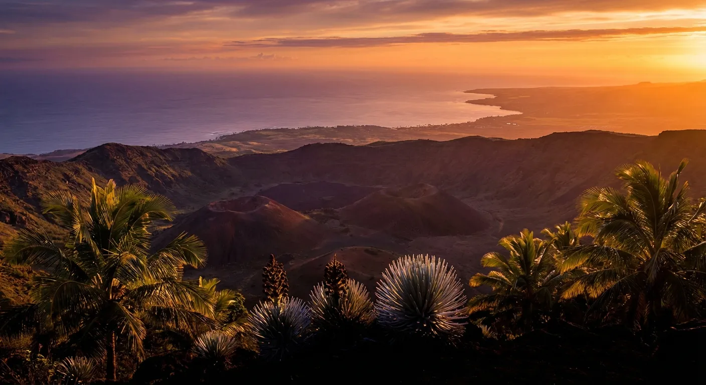 Golden sunrise painting the vast volcanic crater of Haleakalā, with clouds drifting below the summit on Maui.
