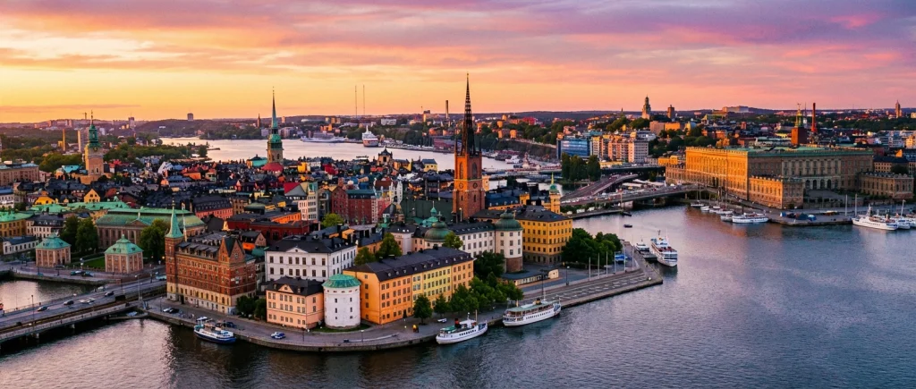 Historic, colorful buildings line the cobblestone streets of Stockholm's enchanting Gamla Stan under a bright blue sky