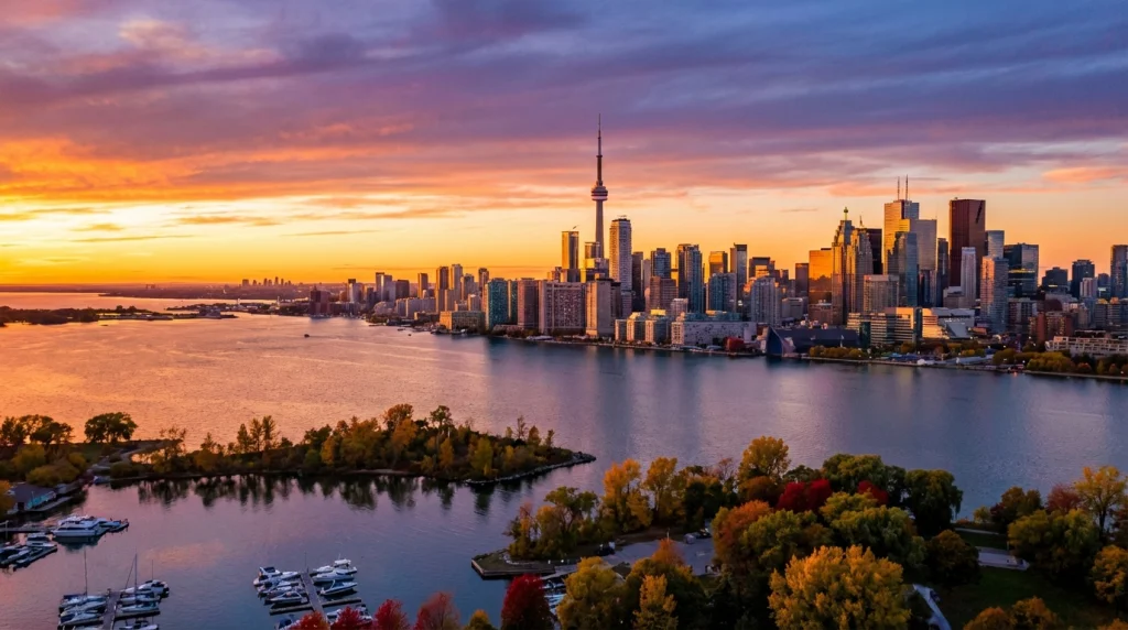 The iconic CN Tower pierces the vibrant Toronto skyline, reflecting sunlight over Lake Ontario and the bustling harbour.