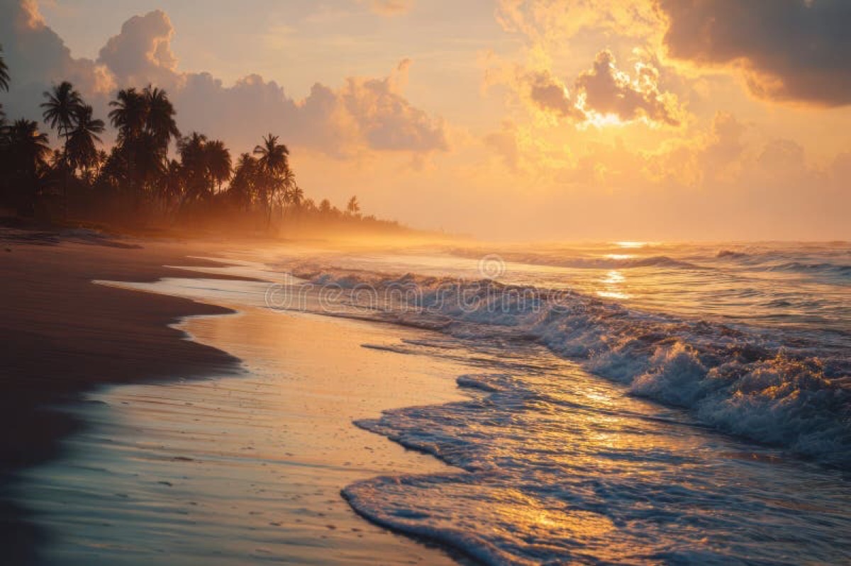 Golden hour tropical beach with palm tree silhouettes and warm amber light reflecting on wet sand, Bali