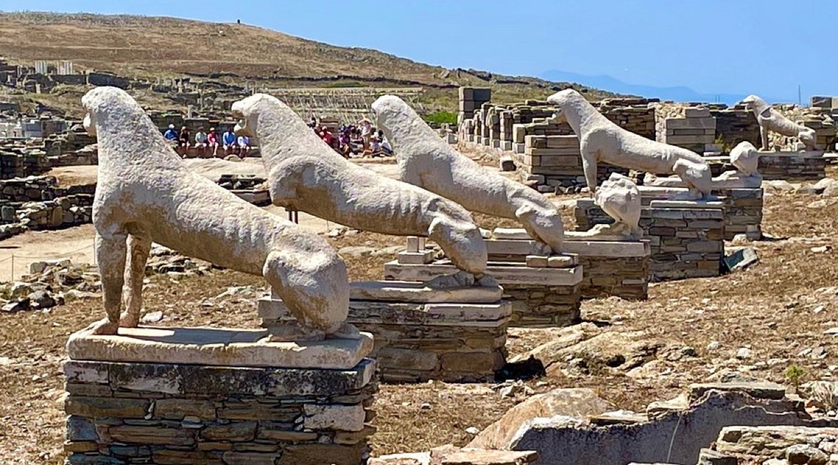 Terrace of the Lions ancient ruins on Delos island Greece